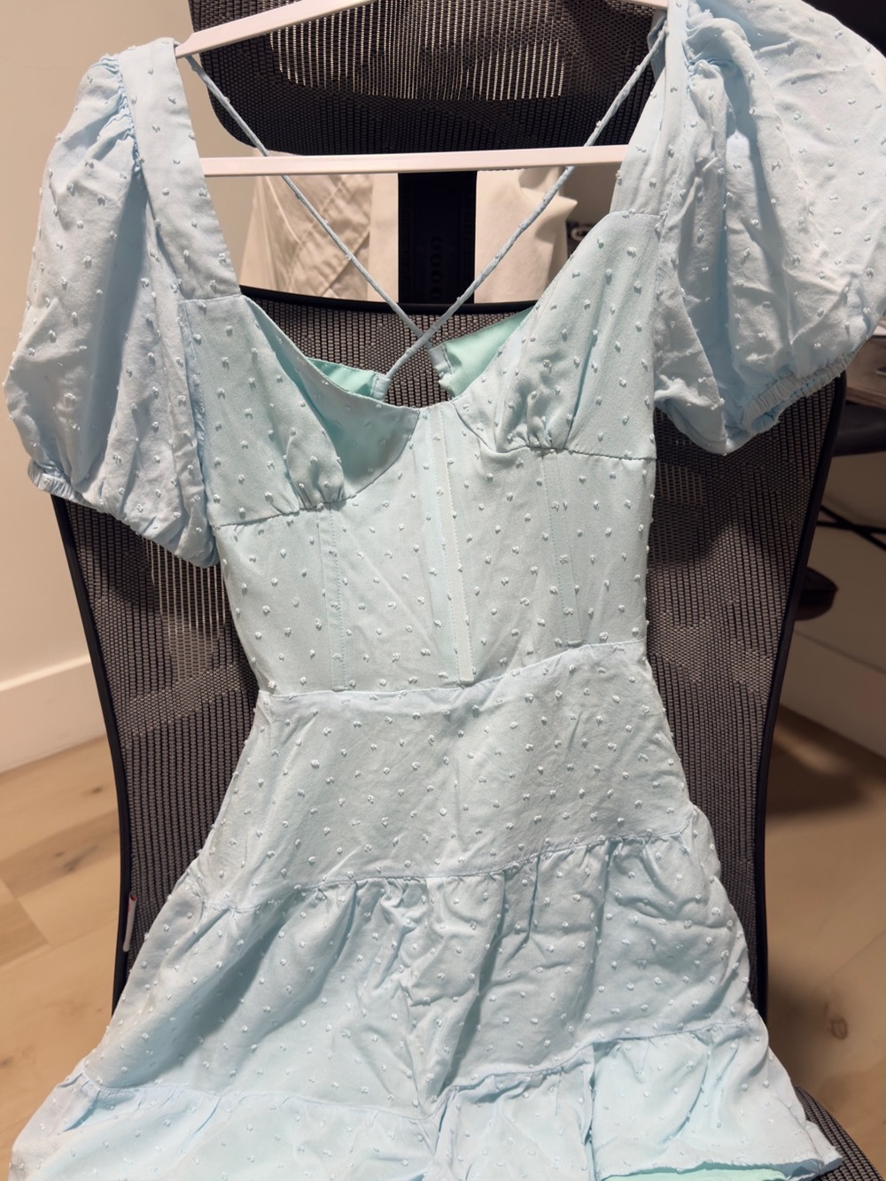 Light Blue Swiss Dot Puff Sleeve Mini Dress